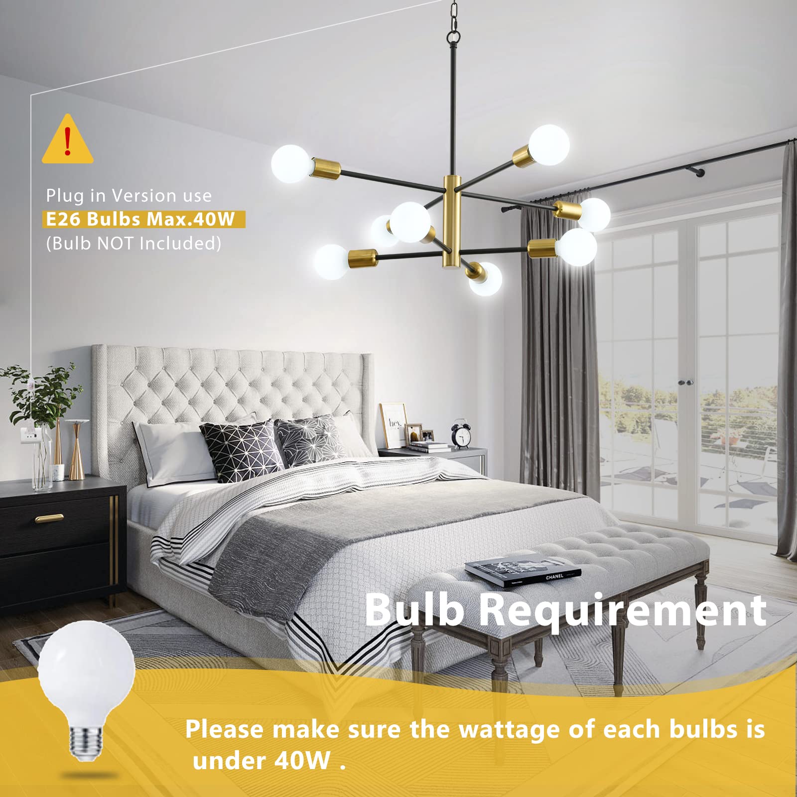 HOXIYA DIMMABLE Plug in Chandelier with Cord Mid Century Industrial E26 Modern Sputnik Chandeliers Ceiling Hanging Light Black and Gold Light for Living Room, Kitchen Bedroom Dining Room Farmhouse