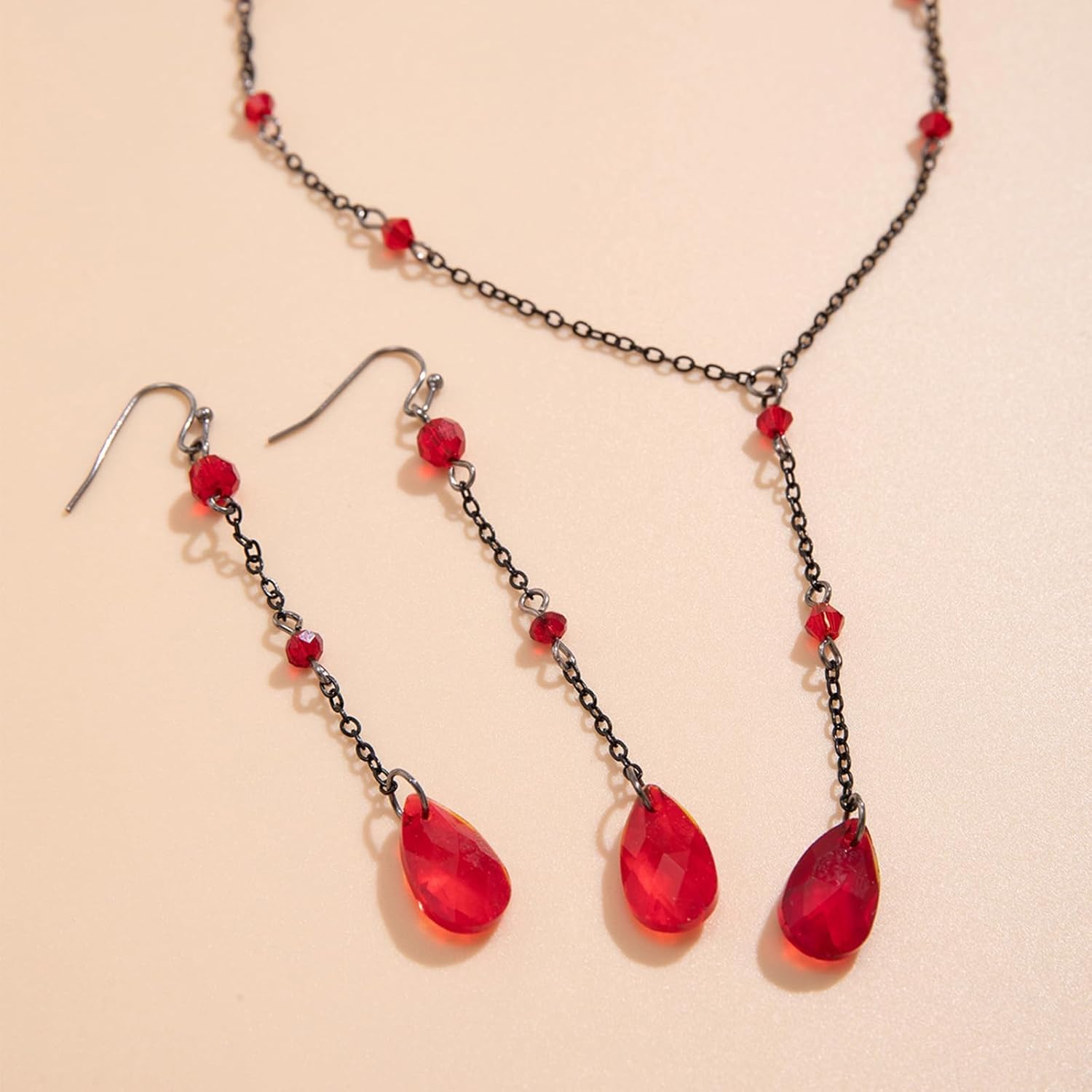 YANCHUN Goth Necklace Earrings Set Blood Earrings Set Goth Jewelry Vampire Costume Lariat Necklaces for Women Black Layered Necklaces for Women Halloween Accessories Gifts - Image 7