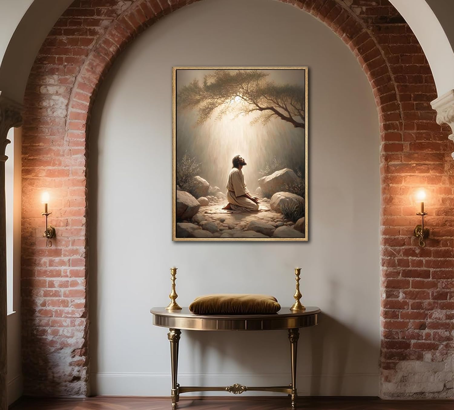 Framed Jesus Prayers Canvas Wall Art God Divine Mercy Portrait Tranquility Painting Picture Wall Decor Jesus Praying in the Garden of Gethsemane Poster Prints for Bedroom Church Home Decoration 24x36
