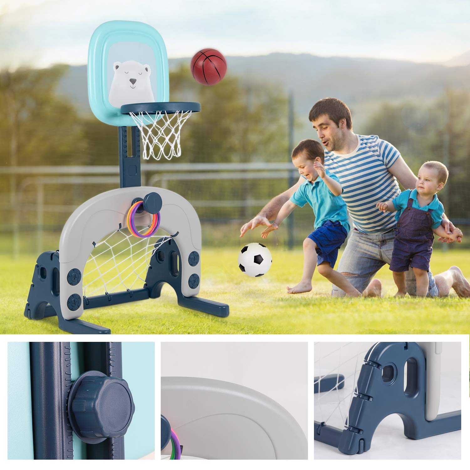 Hello-5ive Set di cestini da Basket per Bambini, 3 in 1, Regolabile in Altezza, per cancello da Calcio, per Bambini, Sport per Ragazzi e Ragazze, Adatto per Interni