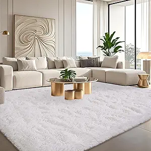 Large Shag Rugs for Living Room, 8x10 Feet White Fluffy Rug Modern Shaggy Rugs, Non-Slip Faux Fur Carpet for Bedroom, Kids Boys Girls Dorm Nursery Room