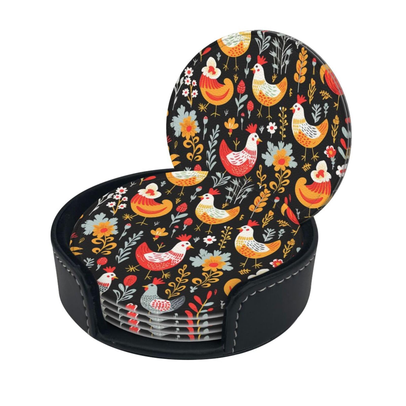 Stylish Coasters - Cute Rooster Chickens Set of 6 Round Leather Drink Coasters with Holder - Perfect Size for Cups and Glasses