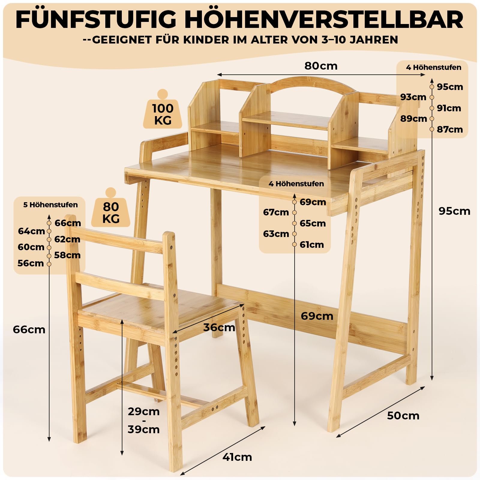 MAMIZO Kinderschreibtisch Höhenverstellbar, Kinder Schreibtisch mit Stuhl, Bambus Holz Schreibtisch, Schülerschreibtisch mit Buchhalterung Stauraum, Schreibtisch Set für Kinder, Natürliche Farbe