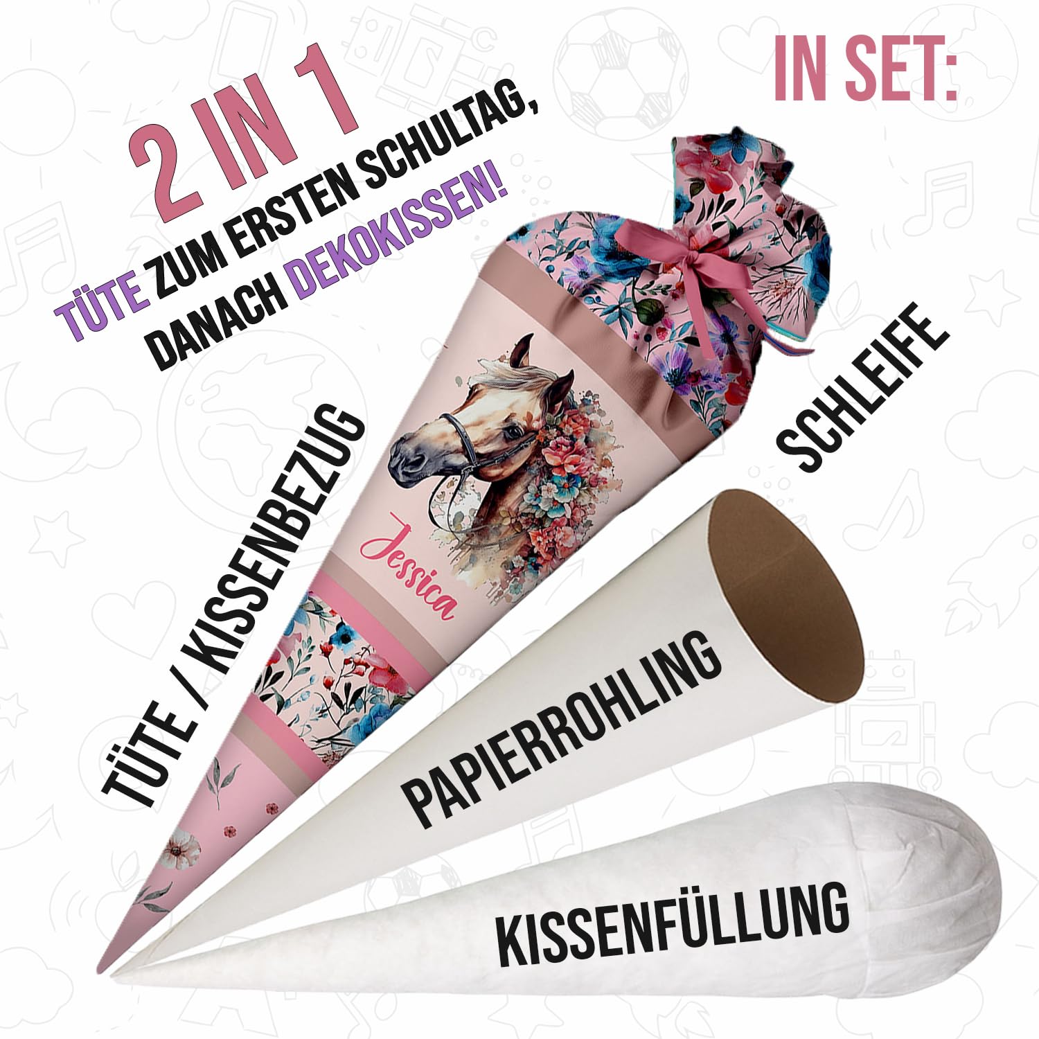 Schultüte Pferd mit Blumen aus Stoff 70 cm Personalisierte Zuckertüte mit Namen runde Papprohling Silikonkügelchen Kissen