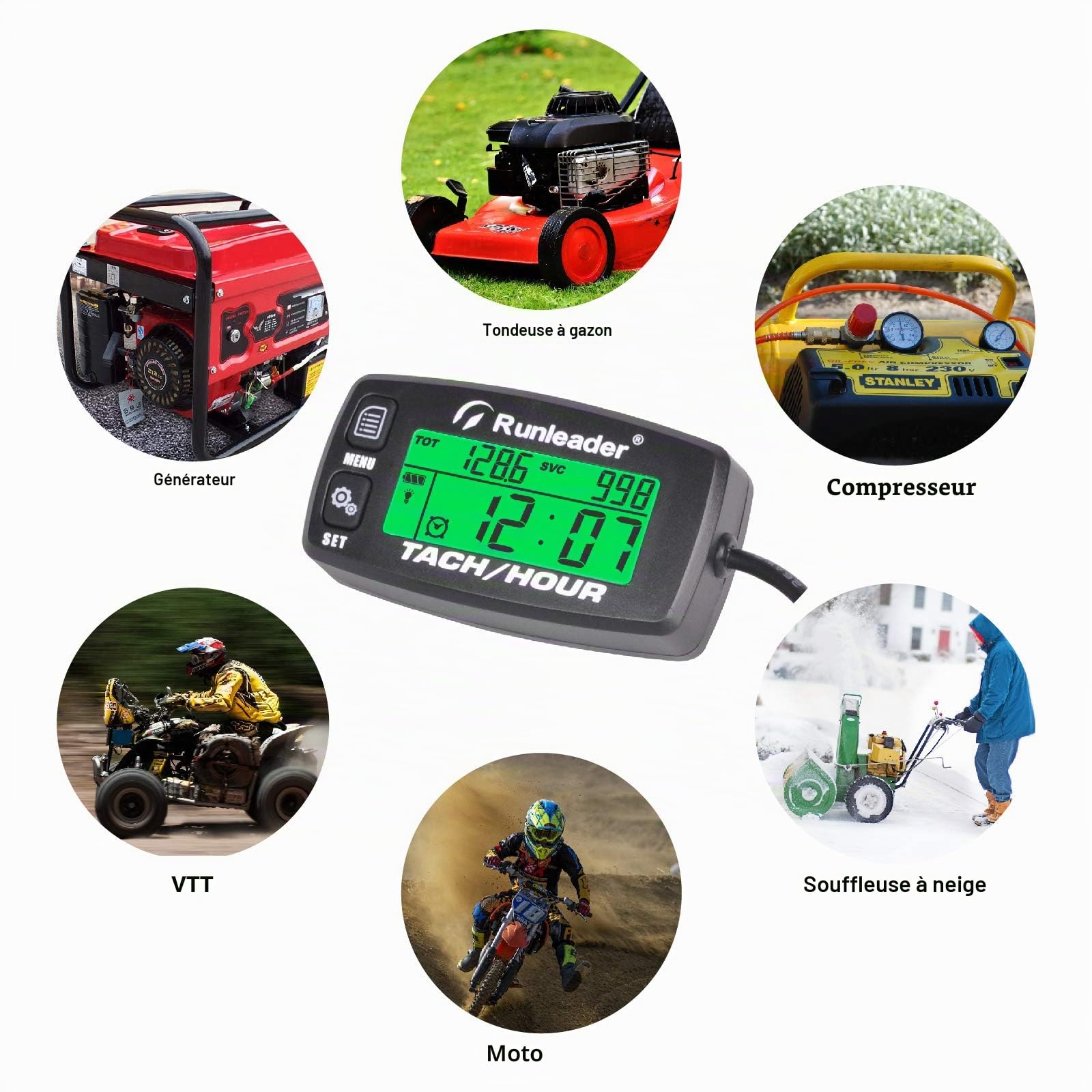 Runleader Tachymètre Numérique Pour Moteur Essence (Bouton Noir) | Enregistrement Heures Et RPM,Compteur D'Heures Rétroéclairé,Pile Remplaçable Pour Tracteur Tondeuse,Générateur,Compresseur