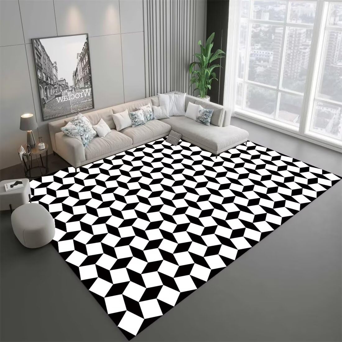 Tapis d'extérieur géométrique noir et blanc moderne lavable pour terrasse et balcon 50x70cm
