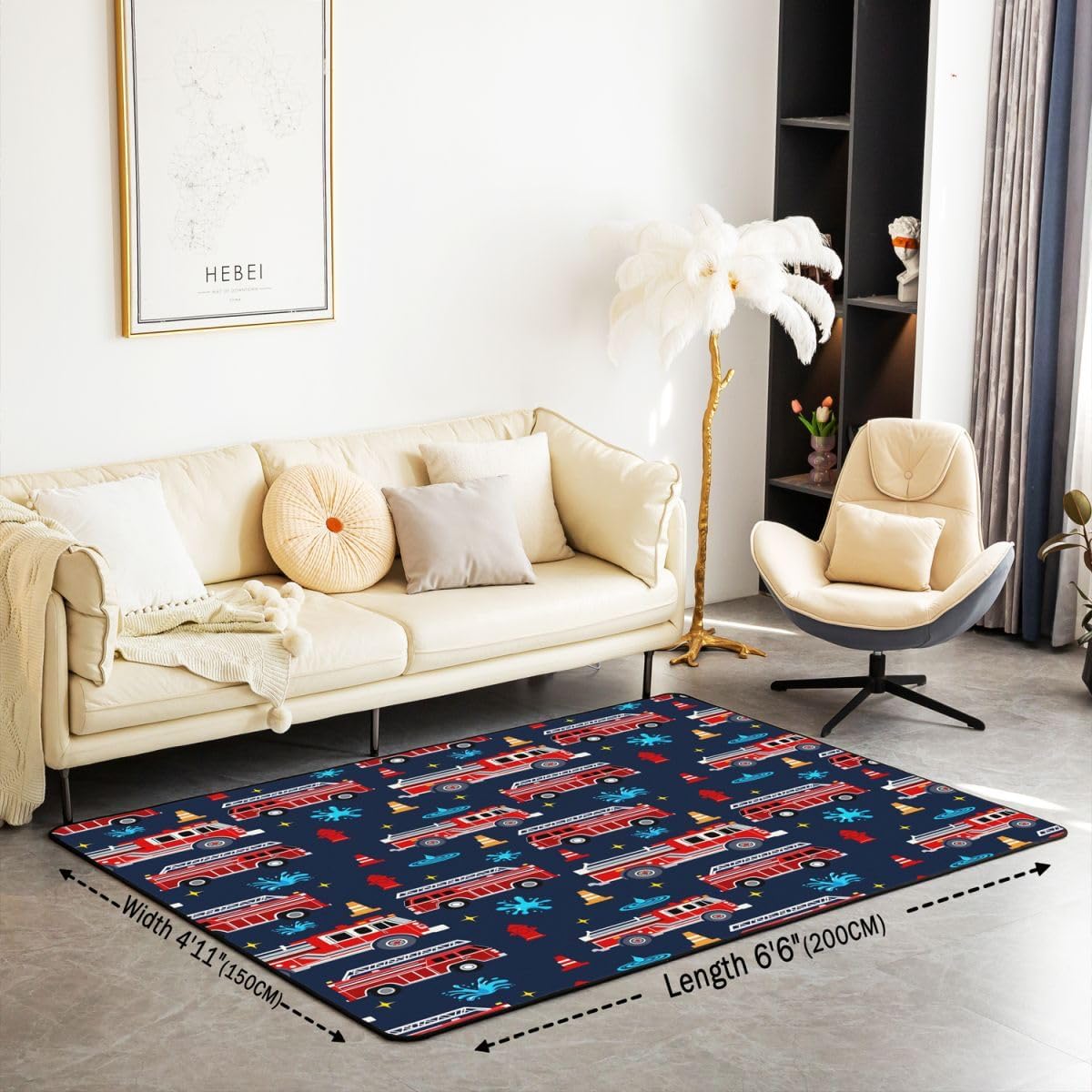 Erosebridal Firefighting Truck Area Rug 5x7, Fire Truck Rug for Kids Teens Boys, Cartoon Emergency Rescue Vehicle Carpet for Bedside, Red Blue Fire Hydrant Roadblock Washable Accent Rug