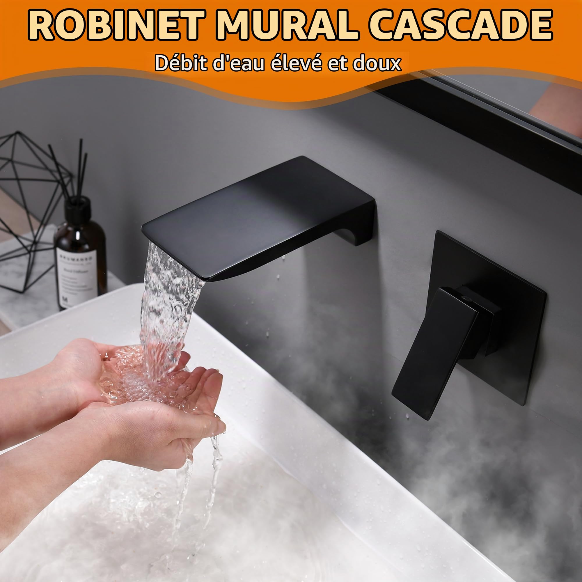 LIWEIKE Robinet Mitigeur Mural Lavabo Cascade Noir En Laiton