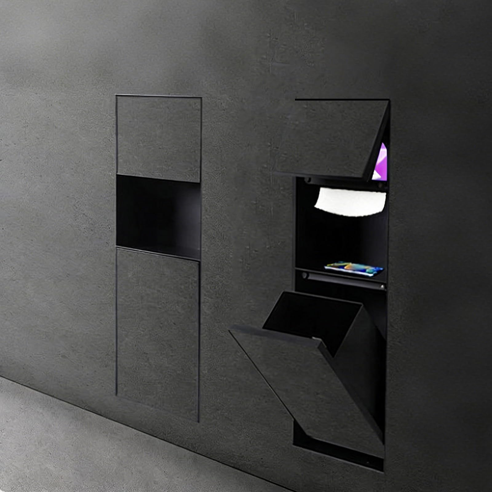 Wpuszczana kabina prysznicowa z wbudowanym koszem na śmieci i uchwytem na papier toaletowy, wodoodporny schowek ścienny do organizacji łazienki