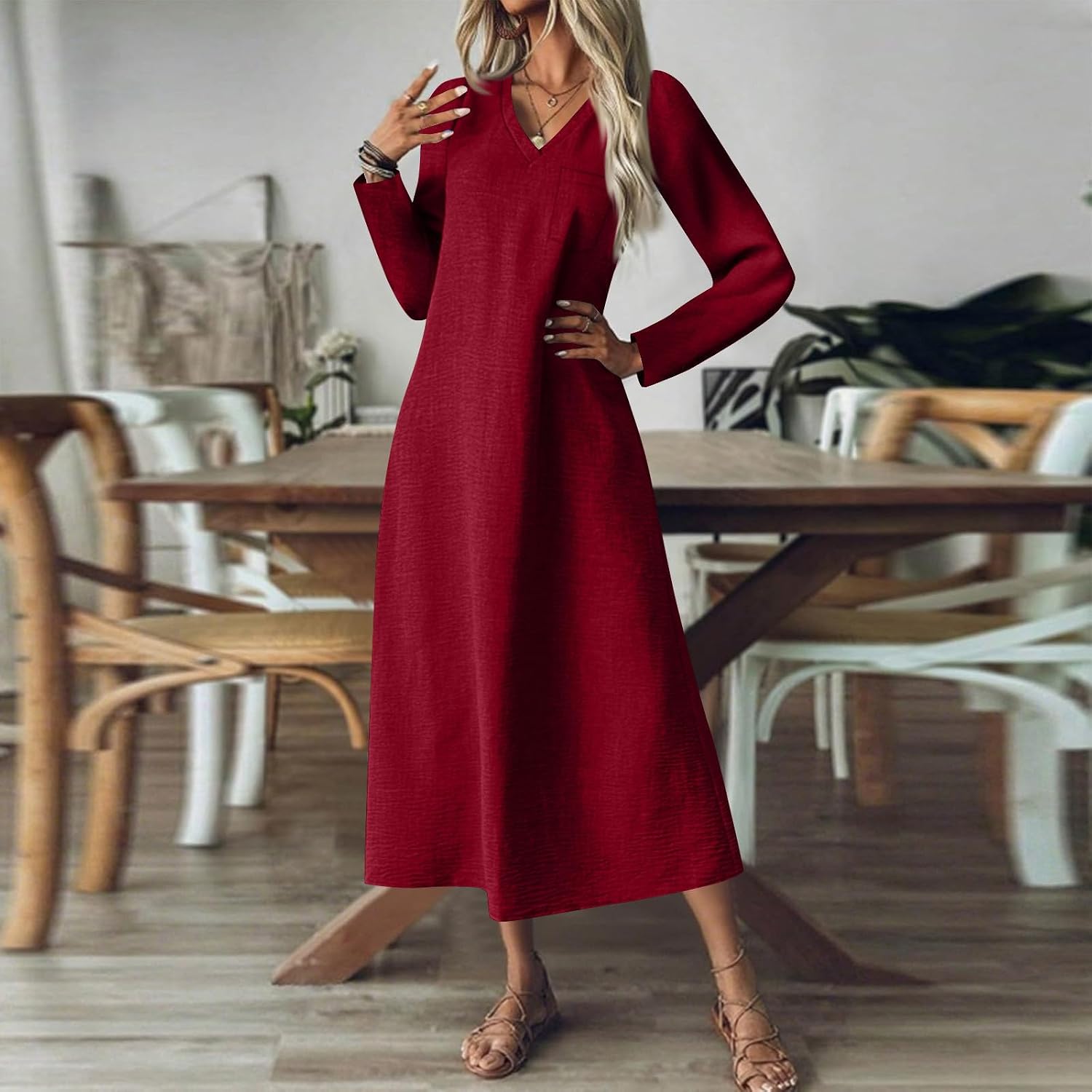 Women's Long Sleeve Dress V Neck Maxi Dresses with Pockets Casual Loose A Line Loose Solid Color Fashion Dresses