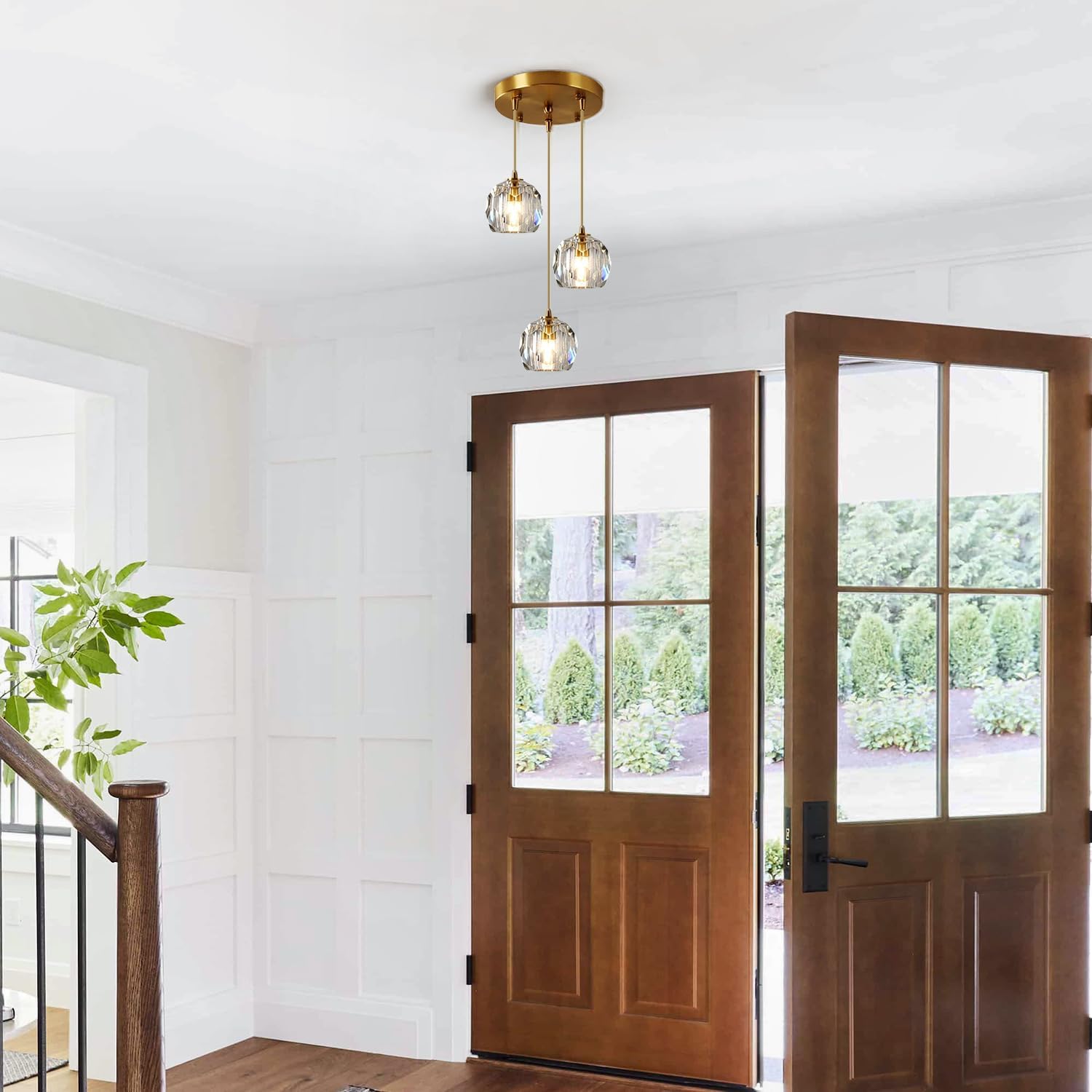 3-Light Cluster Pendant Lighting Crystal Chandelier Gold Hanging Pendant Light Fixture Mid Century Modern Multi Light Pendant Lighting for Dining Room Kitchen Island Bedroom