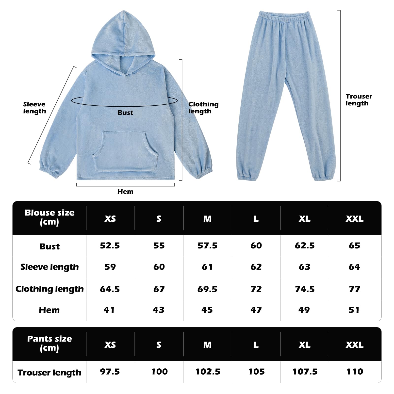LACOFIA Pigiami in Pile Due Pezzi da Donna Pigiama Set Invernale con Cappuccio Abbigliamento Caldo da Notte a Maniche Lunghe Adulto Pigiama di Coppia Azzurro L