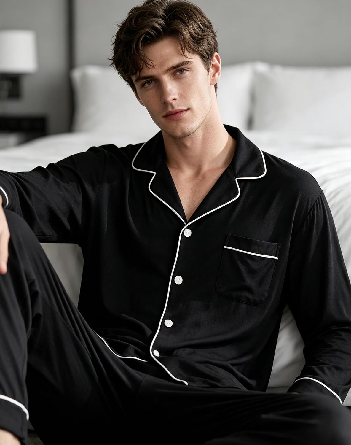 SWOMOG Men Pajamas Set Comfy Modal Pjs Button Down Sleepwear 2 Piece Long Sleeve Lounge Set Soft Nightwear with Pockets