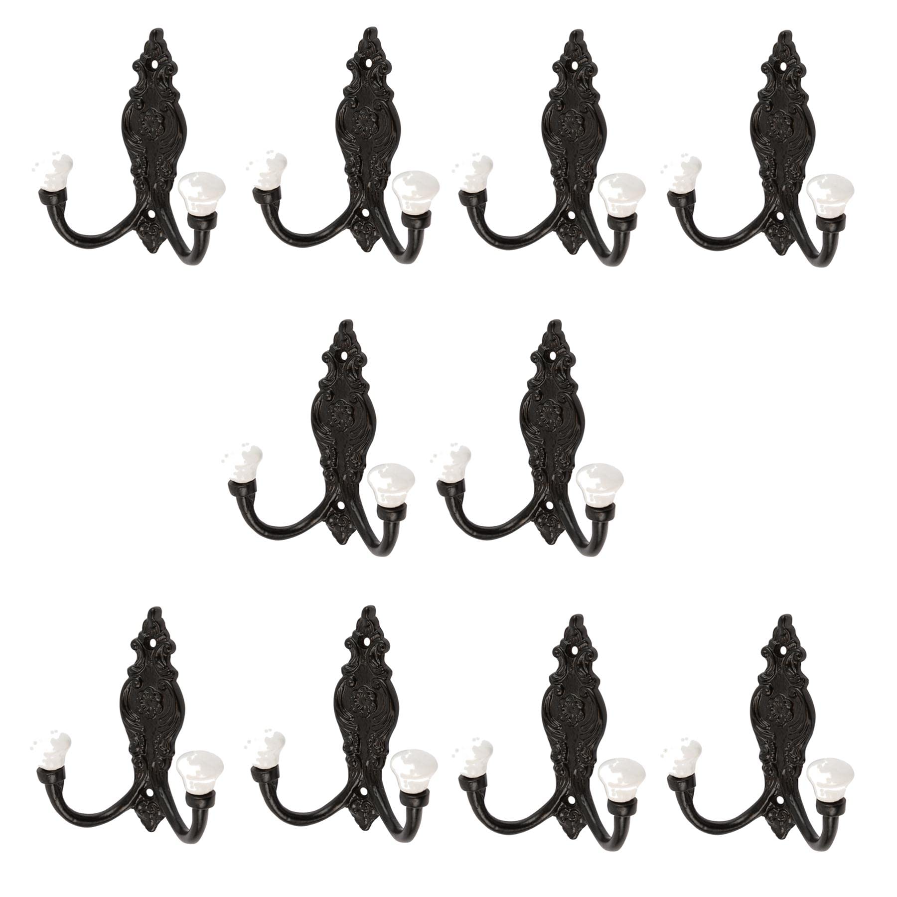 Hammer And Tongs Black - Ornate Double White Ceramic Coat Hook - W100mm X H115mm - Pack Of 10