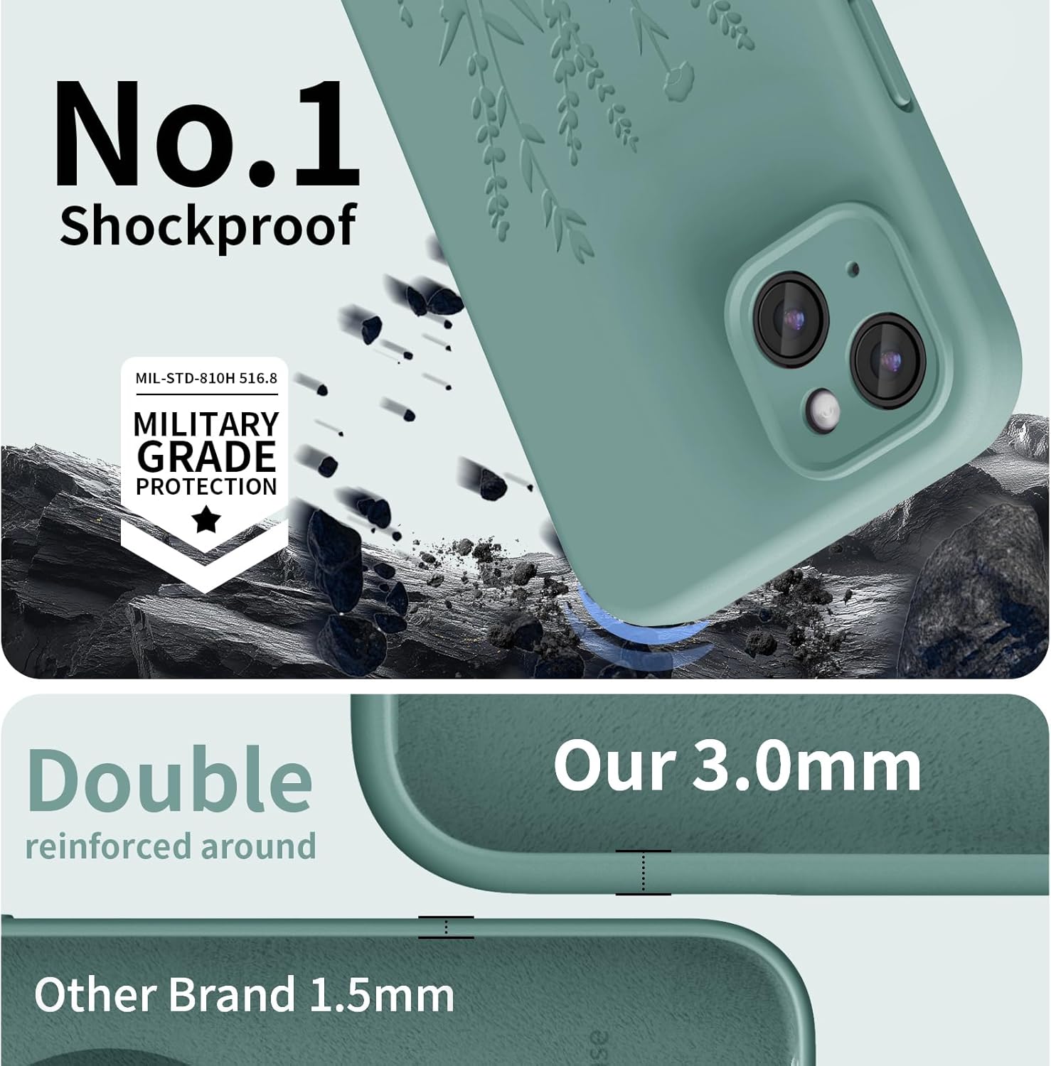 OAOA Magnetic Engraved Case Compatible with iPhone 15 Case, Compatible with Magsafe, Camera All-Round Protection, Slim Liquid Silicone Phone Case for Women Girls, Midnight Green Flower - Image 6