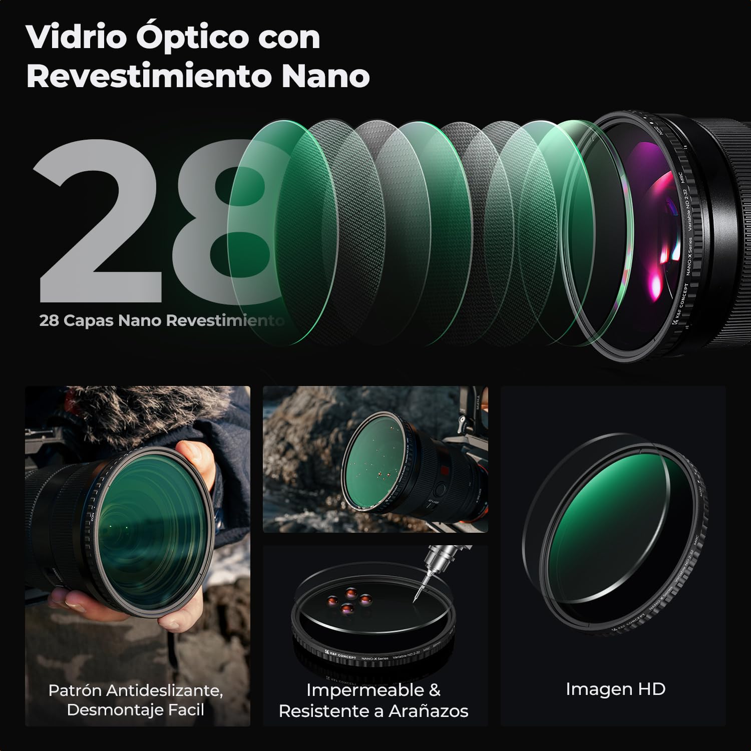 K&F CONCEPT Nano-X 37mm Filtro Variable ND2-32 (5 Pasos) de Vidrio óptico HD con Nano Revestimiento de 28 Capas para Objetivo 37mm