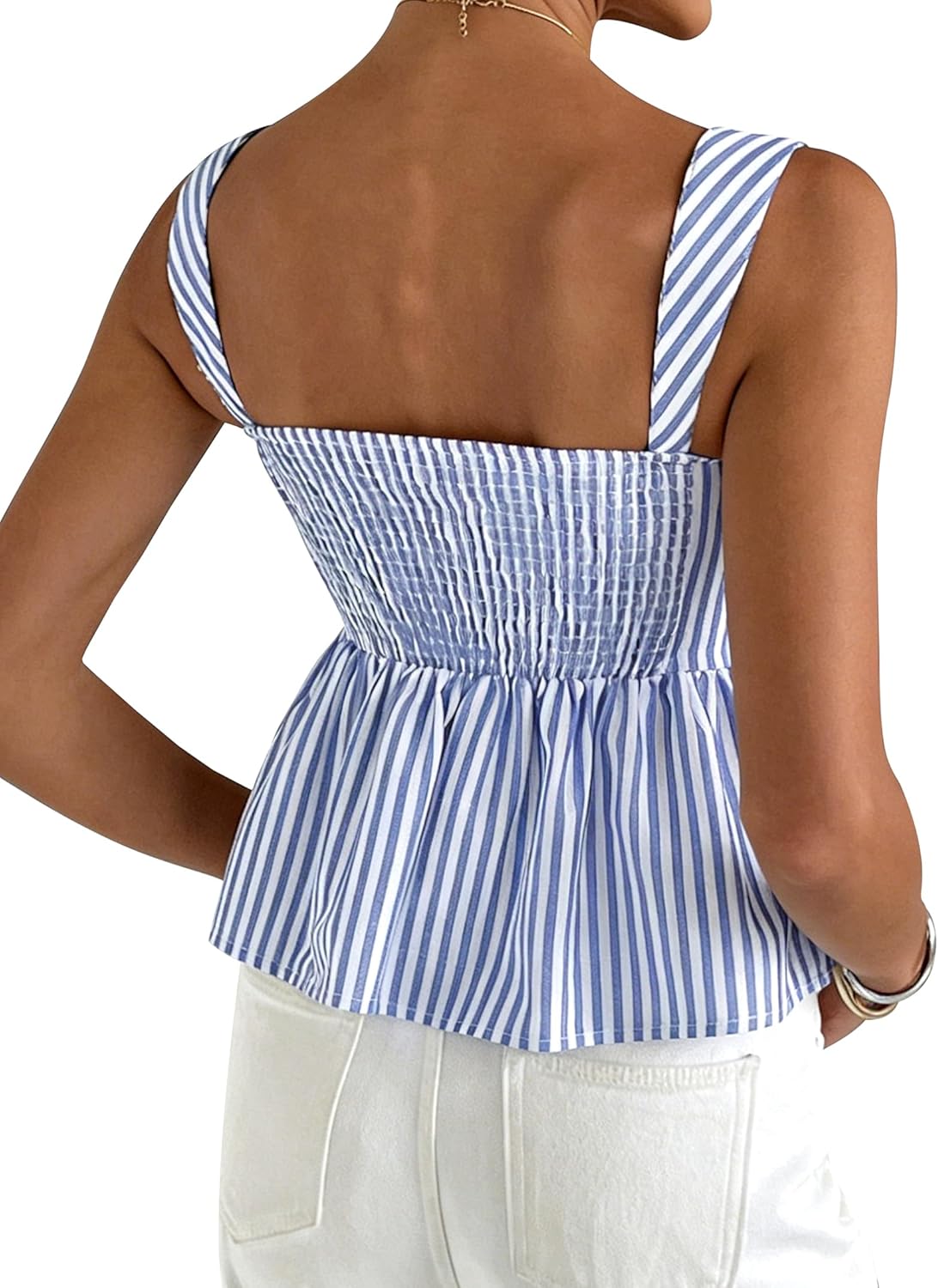 Remidoo Women's Sleeveless Striped Peplum Top Cropped Square Neck Babydoll Tank Tops - Image 2