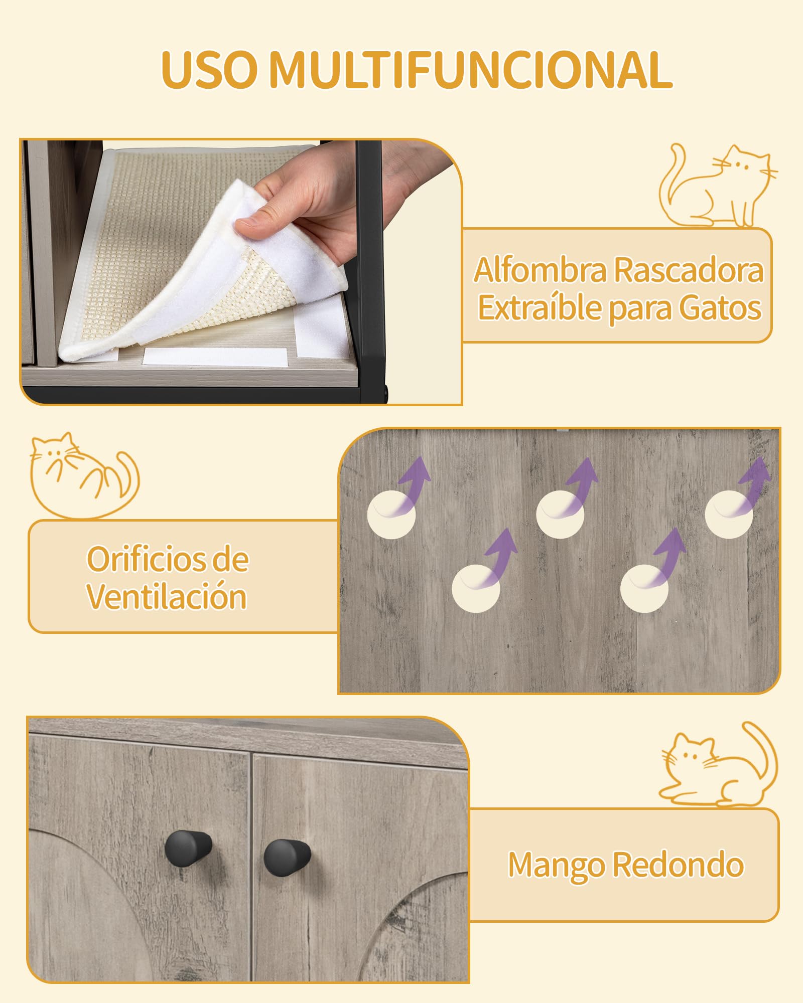 Hzuaneri Armario para Gatos, Moderna Casa para Gatos 4 en 1 con Plataforma Grande, Mueble Arenero Gato con Alfombrilla para Arañar, Postes, Escaleras y Pompón, Cojines Lavables, Greige CB81005B