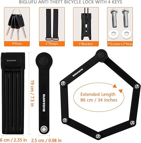 Miniatura 6 de BIGLUFU Candado de bicicleta para bicicleta, scooter y motocicleta, con 4 llaves, cadena plegable, de acero aleado, con soporte de montaje, 2