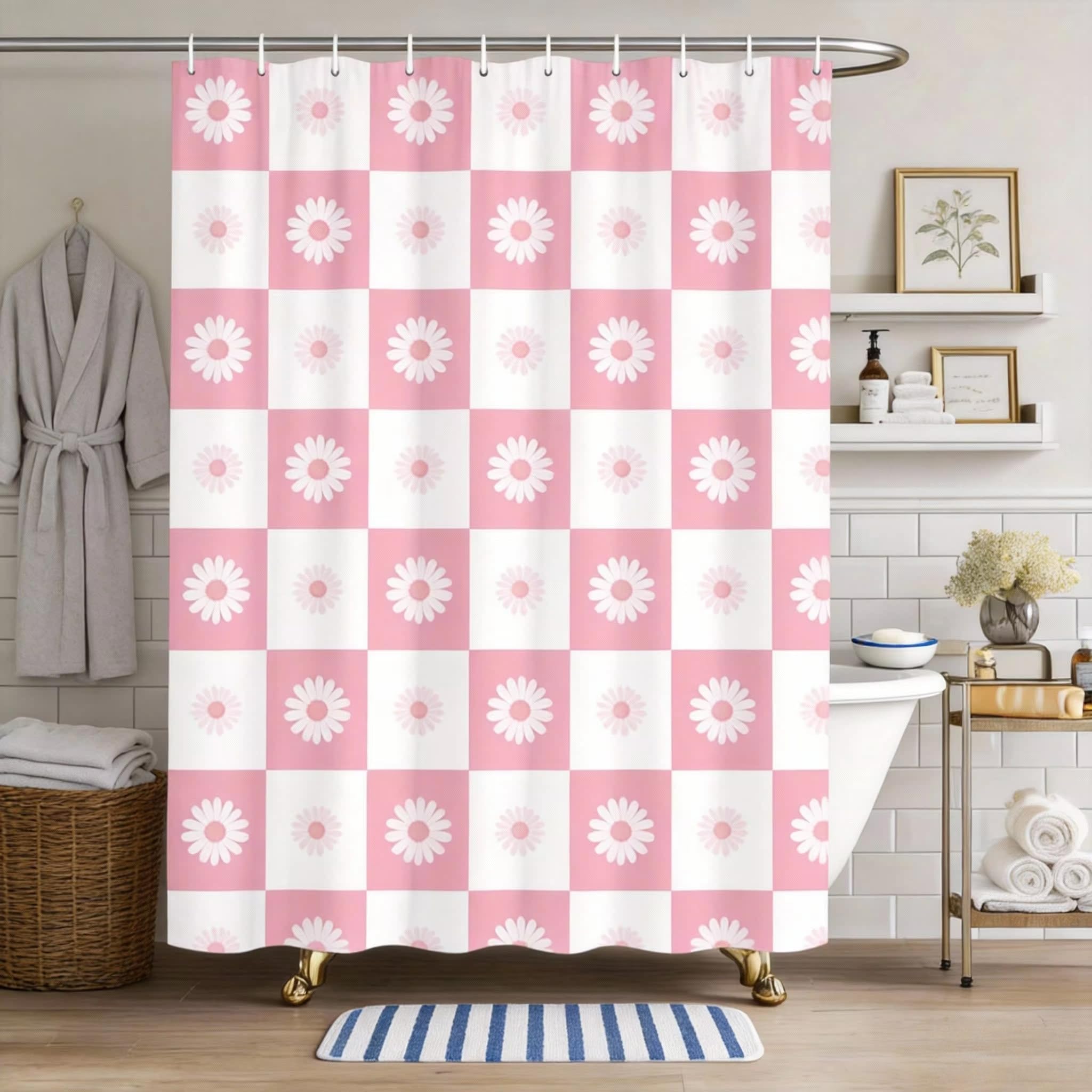 KELAIMI Wavy Checkered Shower Curtain,Modern Farmhouse Aesthetic Bathroom Curtains,Simple Quick-Dry Bathtub Curtains with Hooks White 90X180Cm