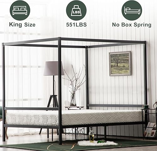 Miniatura 3 de Bonnlo Marco de cama con toldo negro tamaño matrimonial con cabecero, plataforma de metal de 10 pulgadas con 4 carteles, no necesita somier