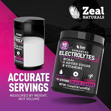 Zeal Naturals Electrolyte Powder - 90 Servings | Keto Electrolytes Powder | Zero Sugar, BCAAs, B-Vitamins | Potassium, Zinc, Magnesium | Hydration Powder Recovery Drink | Black Cherry
