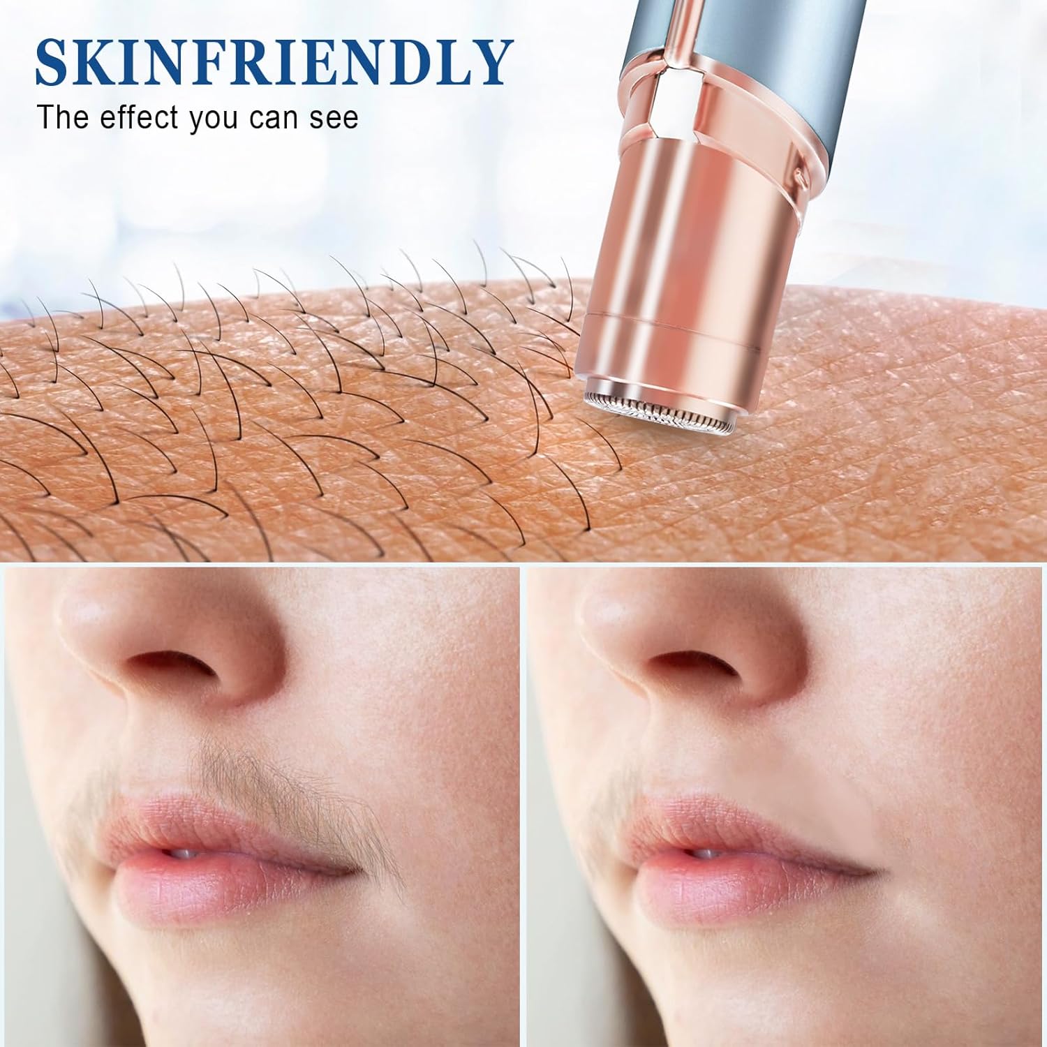 Facial Hair Removal for Women,Electric Rechargeable Face Shaver,Painless Gentle Trimming for Peach Fuzz,Lip,Chin with 2 x Replacement Heads (Blue) - Image 2