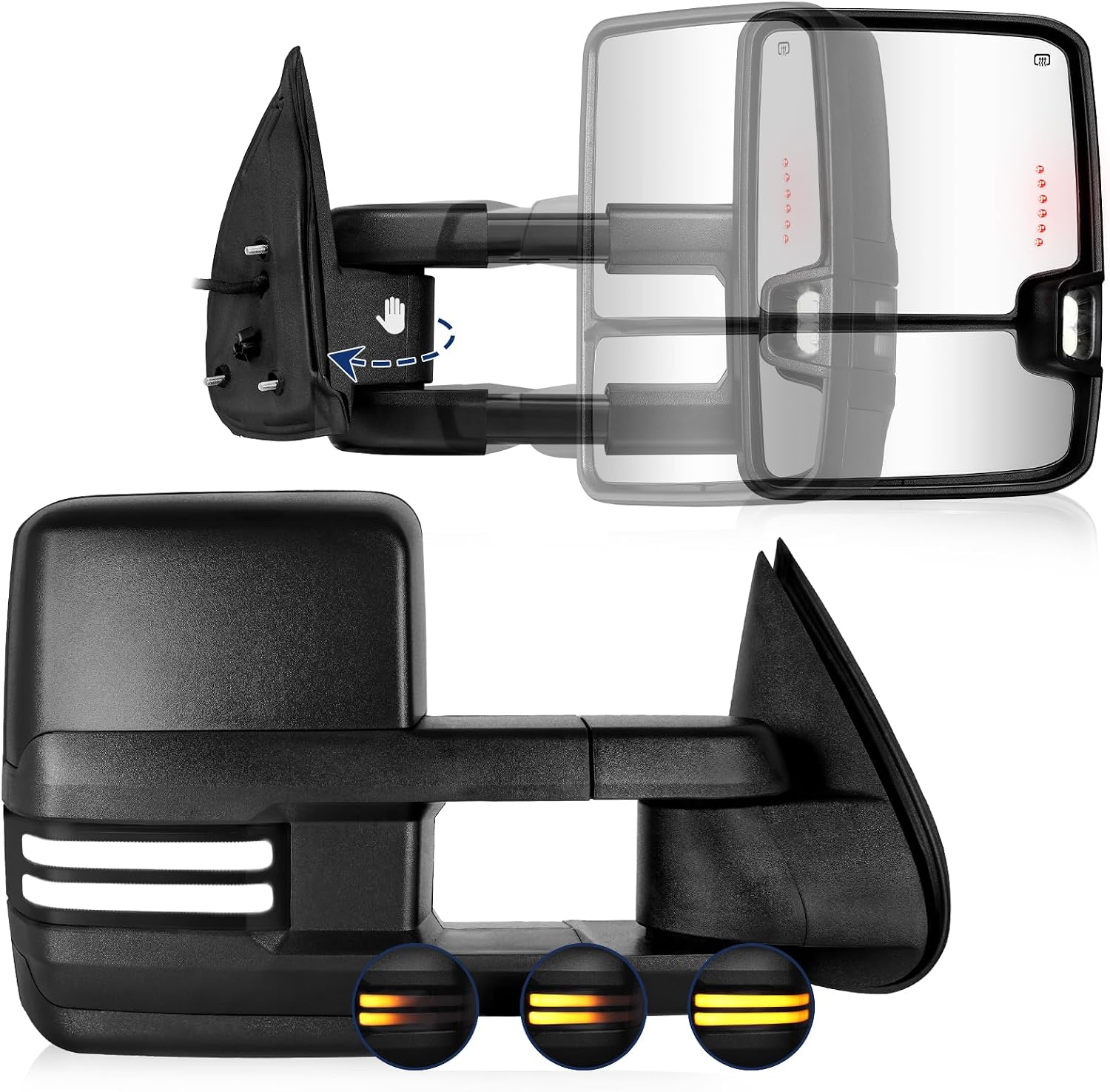 Sanooer Switchback Towing Mirrors for 1999-2002 Chevy Silverado GMC Sierra Suburban, Power Heated Side Mirrors with LED Turn Signal Running & Backup Lamp, Manual Fold Telescopic Pair