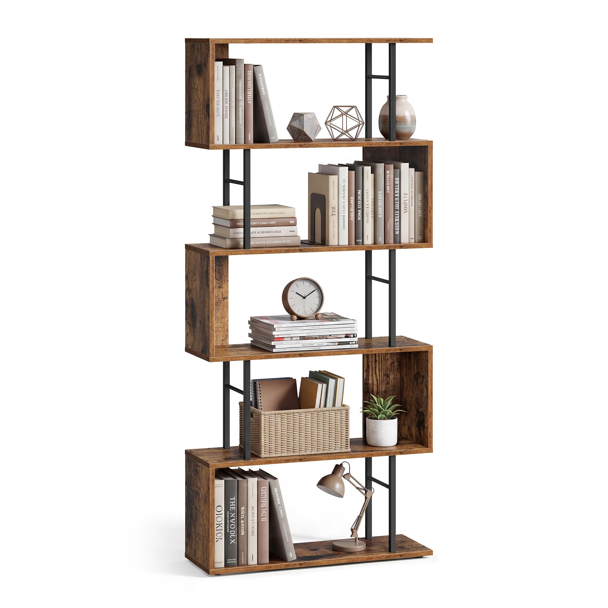 VASAGLE 6-Tier Bookshelf, S-Shaped Bookcase, Freestanding Display Shelf, Storage Rack for Living Room, Office, 60 x 24 x 159 cm, Rustic Brown and Matte Black, BARNET Collection LLS182KD01 — image 1