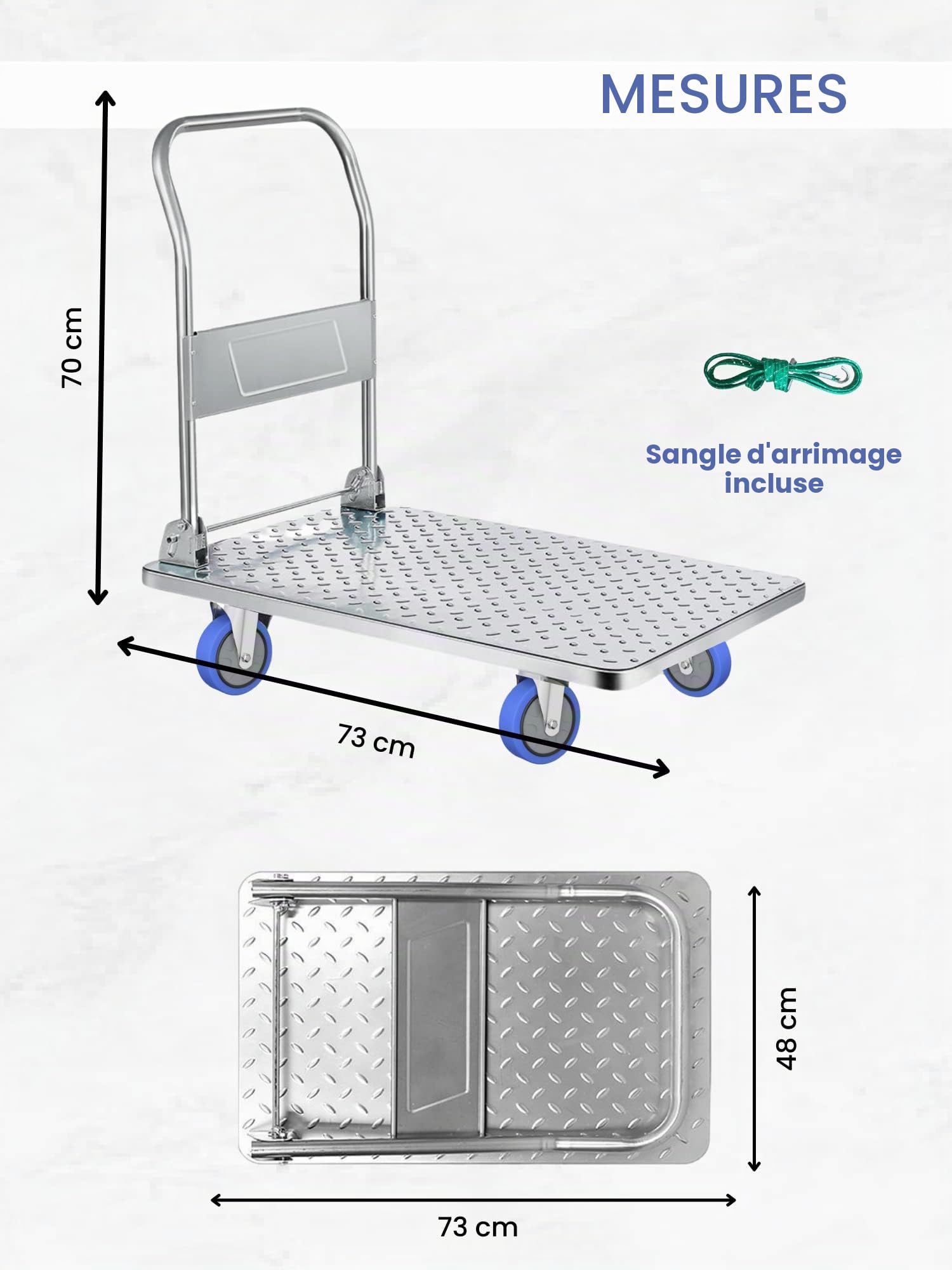 Chariot à Plateforme avec Roues. Brouette Pliante de 250 kg de Charge. Chariot à Plate-Forme Manuelle, Transport Anti-Collision pour Les déménagements, entrepôt. Acier au Titane.