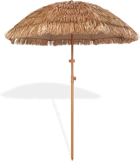 Photo 1 of 6.5ft Hula Tahtched Tiki Patio Umbrella, Beach Umbrella Hawaiian Style with Hanging Hook and Tilt Design, 8 Ribs with Carry Bag for Outdoor Tiki Bar, Tropical Palapa, Garden, Pool, Natural