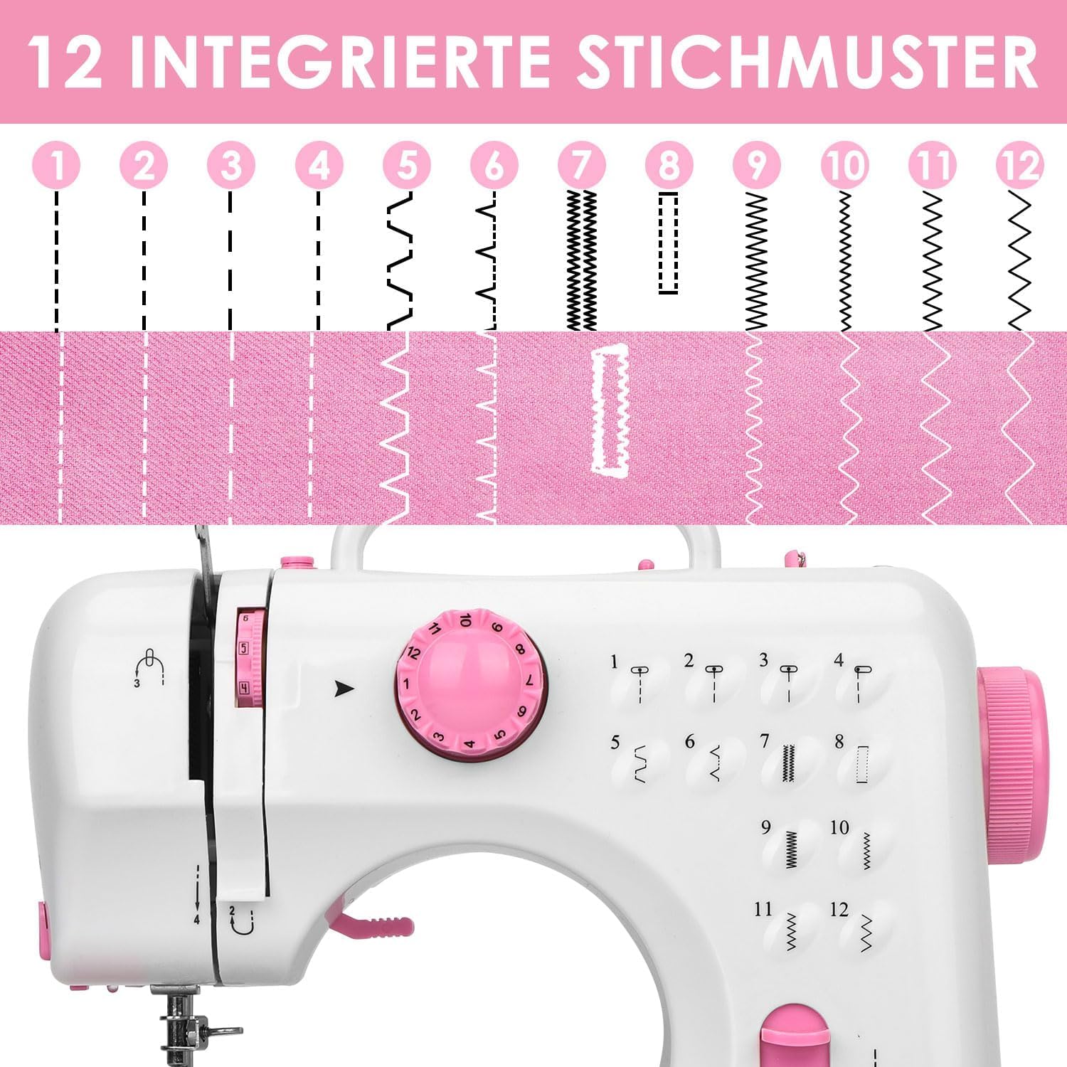 Máquina de Coser, 12 Puntadas Maquina de Coser Niña, Automático Pespunte Doble Hilo Portátil Maquina de Coser Manual para el Hogar con Dos Velocidades y Luz LED, para Adultos Niños (Rosa)