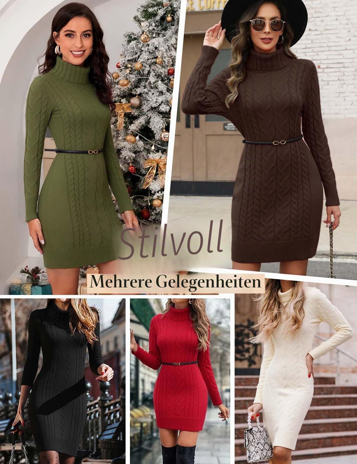 heekpek Strickkleid Damen Herbst Winter Rollkragen Pulloverkleid Langarm Strickkleider Elegant Bodycon Kleid Zopfmuster Warme Winterkleider