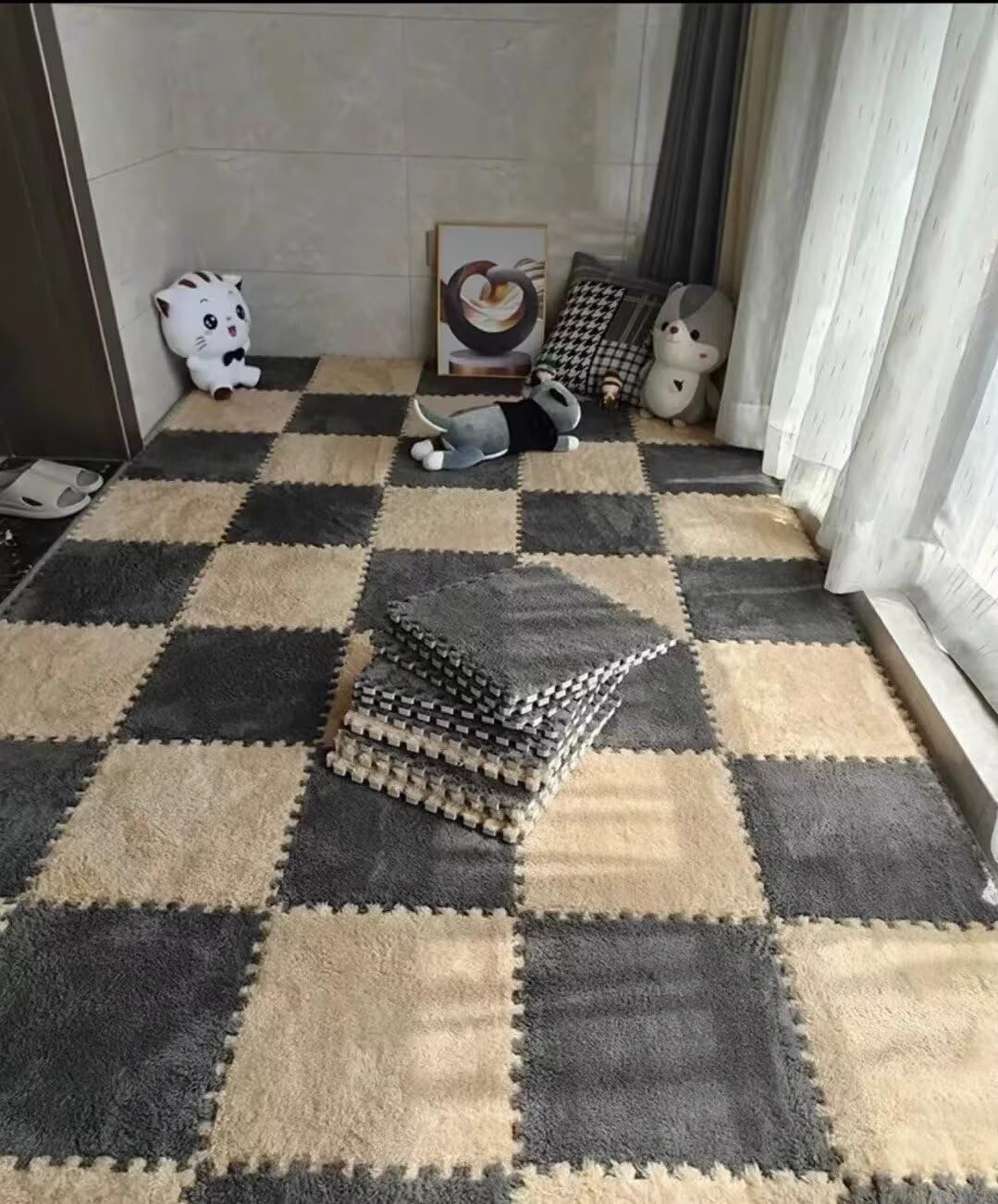 20pcs Plush Puzzle Foam Floor Mat, 11.8x11.8in Soft Anti-Slip Puzzle Area Rug Playmat for Room，Grey+Camel