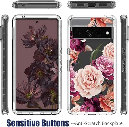 Miniatura 5 de Funda para Pixel 7 ProGoogle 7 Pro, cuerpo completo, lindo diseño floral, a prueba de golpes, funda protectora para Google Pixel 7 Pro (flor púrpura)