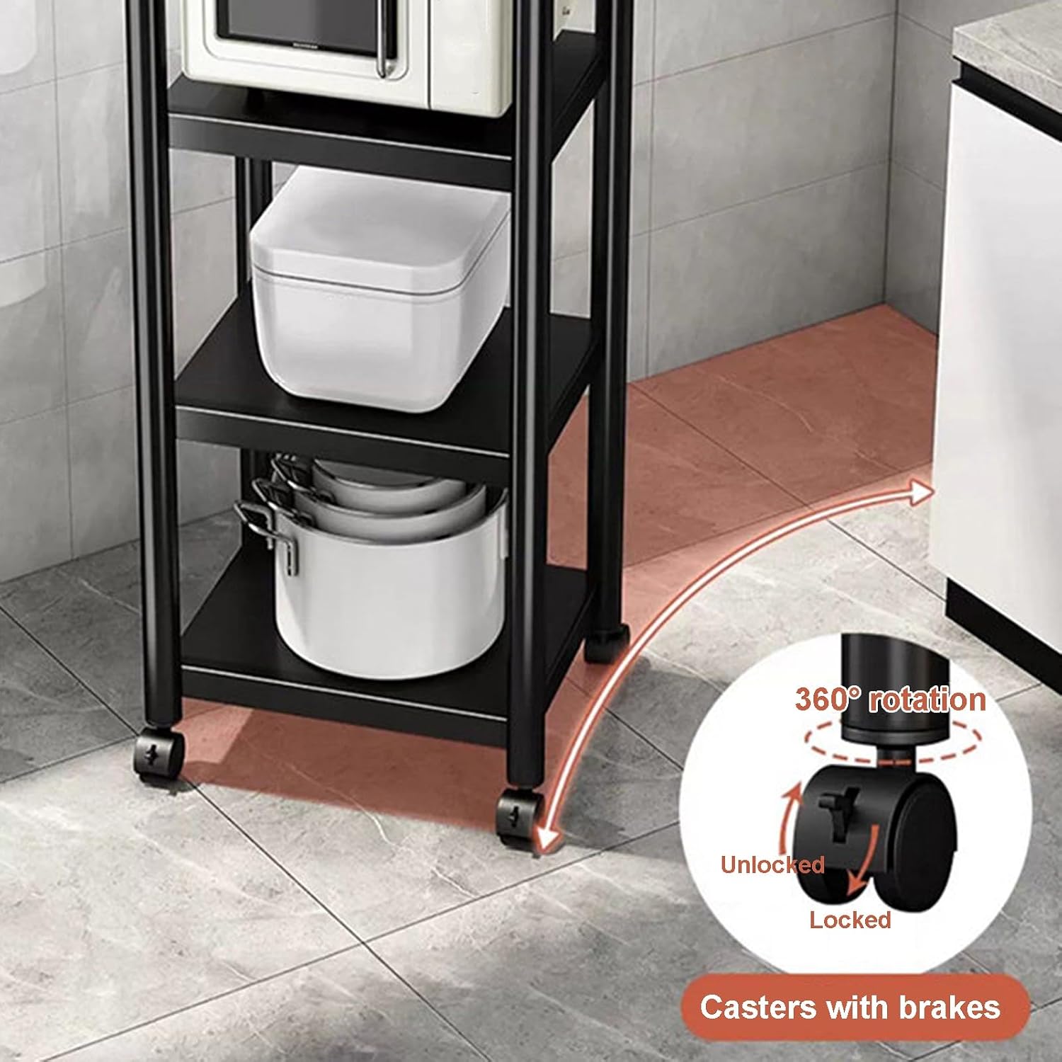 Slim Kitchen Microwave Stand Cart for Small Spaces, Metal Carbon Steel Shelving Unit, 3/4/5-Tier Rolling Storage Shelf Organizer for Pantry, Restaurant(H123cm)