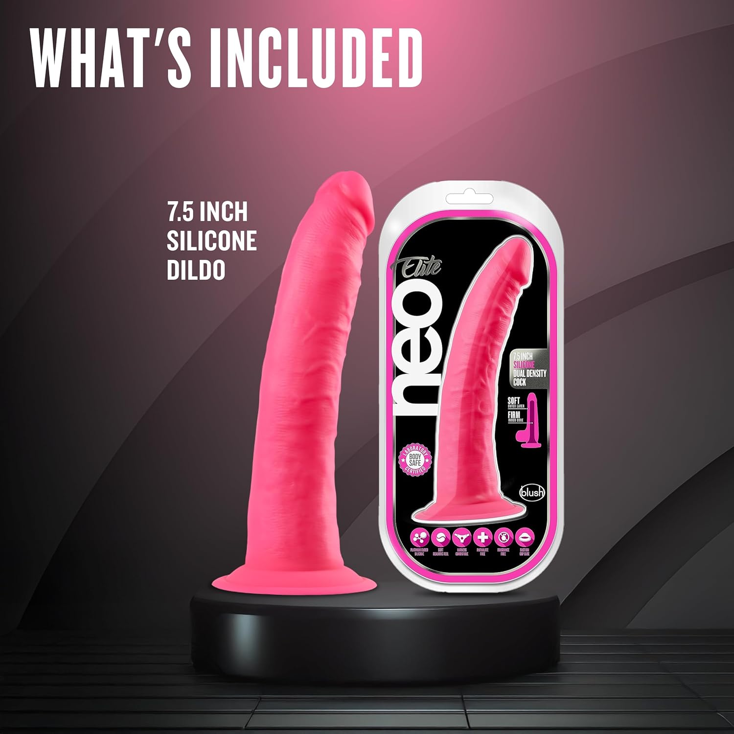 Blush Novelties Neo Elite, 7.5 Inch Premium Dildo PurioTM Silicone, 1.5 Thick Shaft Ultrasilk Smooth Sensa Feel Dual Density, Suction Cup Harness Compatible Hands Free Play, Adult Sex Toy - Neon Pink