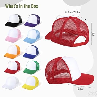 Varku 10 PCS Sublimation Blank Trucker Hats, Comfortable Polyester Mesh Trucker Hats, Unisex Mesh Baseball Snapback Caps, Summer Mesh Caps for Men Women, 10 Colors