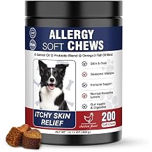 Dog Allergy Chews 200 Soft Treats, for Dogs Seasonal Allergy Relief - Dog Licking Paws Treatment - Anti Itchy Skin- Immune Bites - Probiotic Chew Supplement for Dogs Allergies and Itching Support