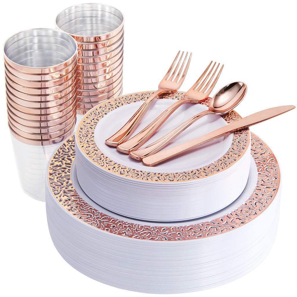 150 Pcs/set Rose Gold Gold Silver Upscale Wedding Dining Party Disposable Plastic Hollow-carved Cutlery Set, Party Supplies Plate, Spoon, Fork, Knife, Cutlery- (25 Guest) (Rose Gold)