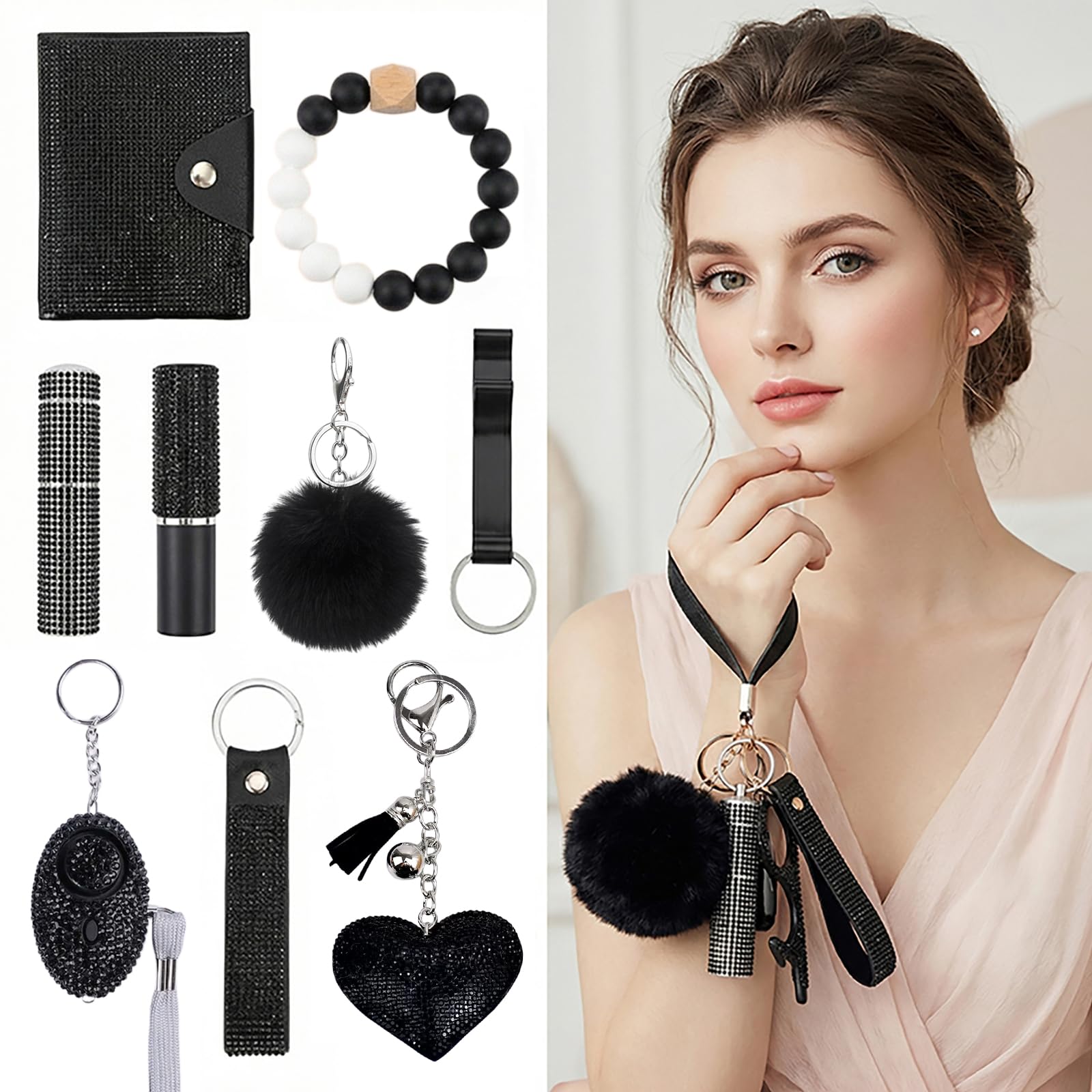 Sicherheits-Schlüsselanhänger-Set für Frauen, Armband Wristlet Schlüsselanhänger für Mädchen, Pfeife und Pompon, Schwarz, Standard