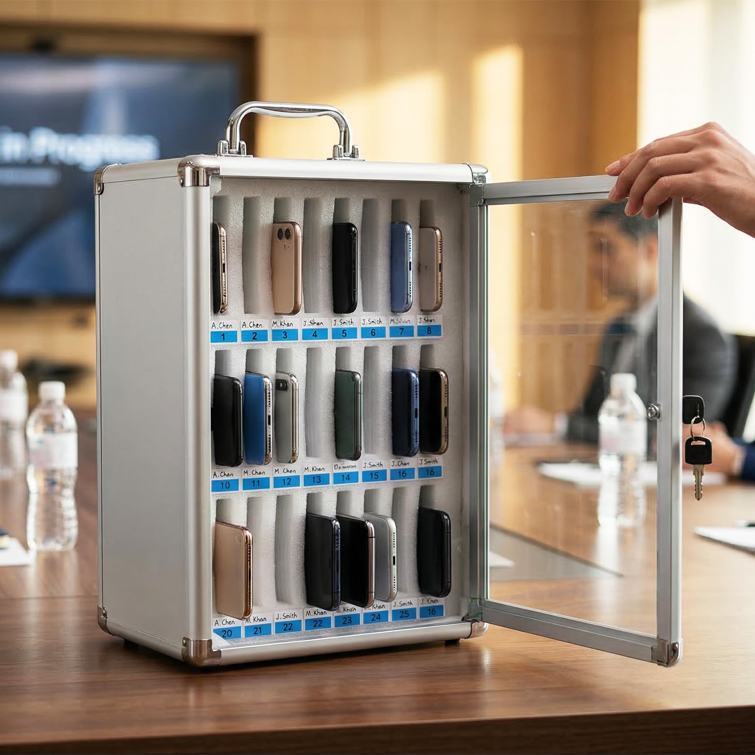 QWORK® Armadietto per Cellulari in Alluminio a 24 Scomparti – Mobile Porta Cellulare con Serratura di Sicurezza per Scuola, Ufficio e Palestra – Organizer Smartphone da Parete, Argento