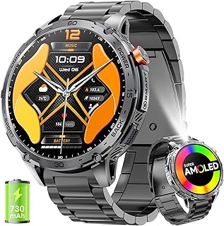mingwear Military Smart Watch for Men 1.75\\\" HD AMOLED Display 730mAh Battery Smart Watches with LED Flashlight for Android iOS（Bluetooth Call Answer/Dial Calls） Fitness Tracker Black Steel Strip