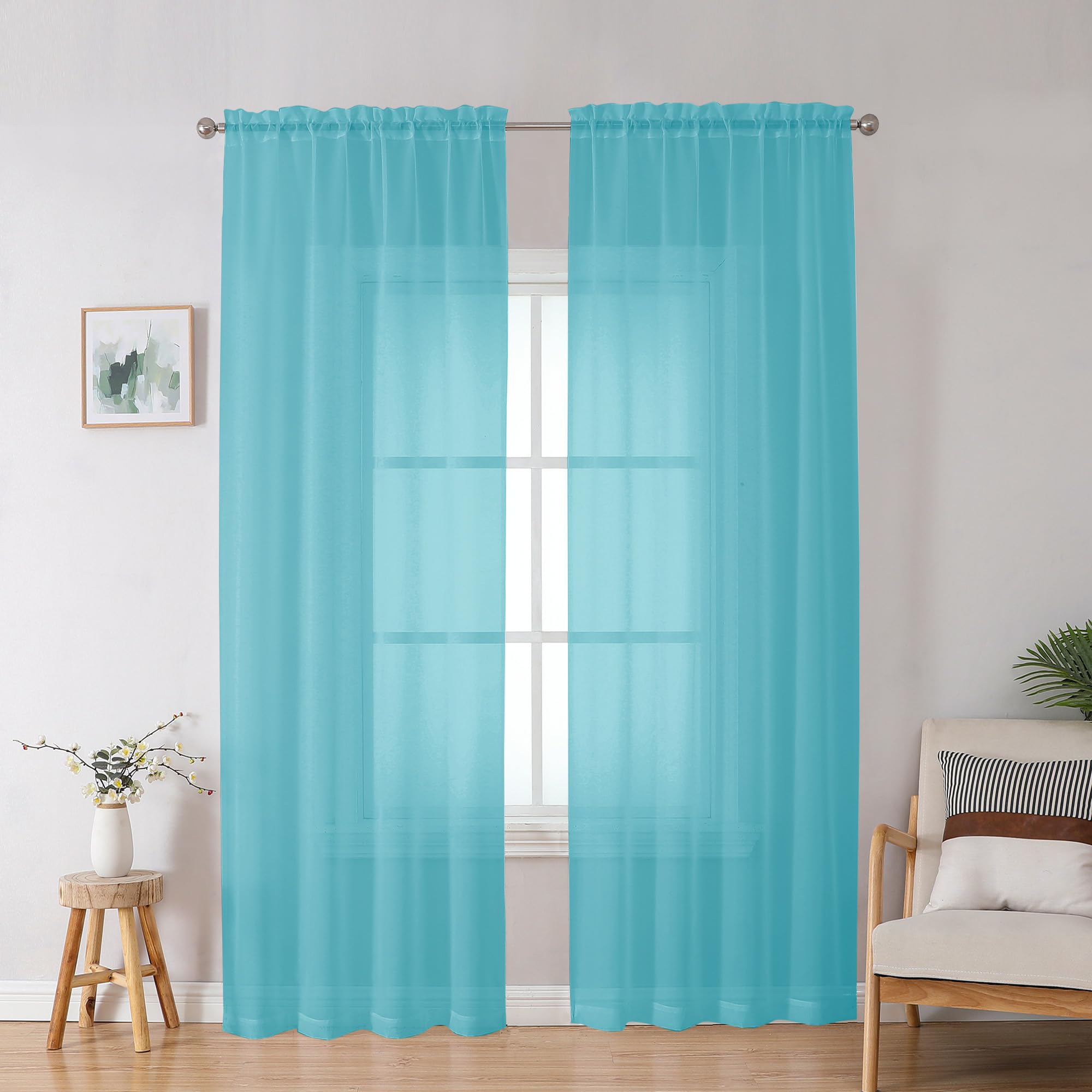Aqua Sheer Curtains for Bedroom Living Room 90 Inches Long, Elegant Solid Light Filtering Window Curtain Panles, Modern Rod Pocket Aqua Curtain, 2Pcs, Each 42" W x 90" L