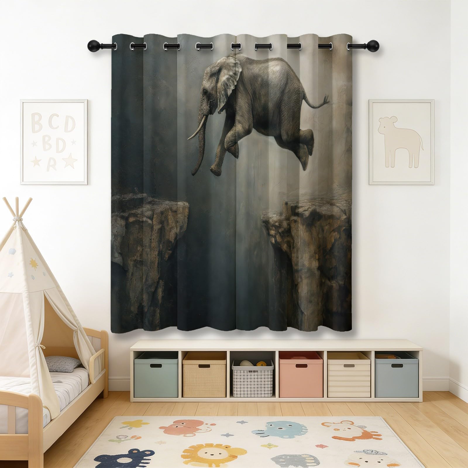 Generisch Modern Kunst Verdunkelungsvorhang, Tier Elefant Klippe Bedruckter Wärmeisoliert Vorhänge mit Ösen, Grau Vorhang für Schlafzimmer Wohnzimmer, H215 x B110 cm x 2 Vorhänge