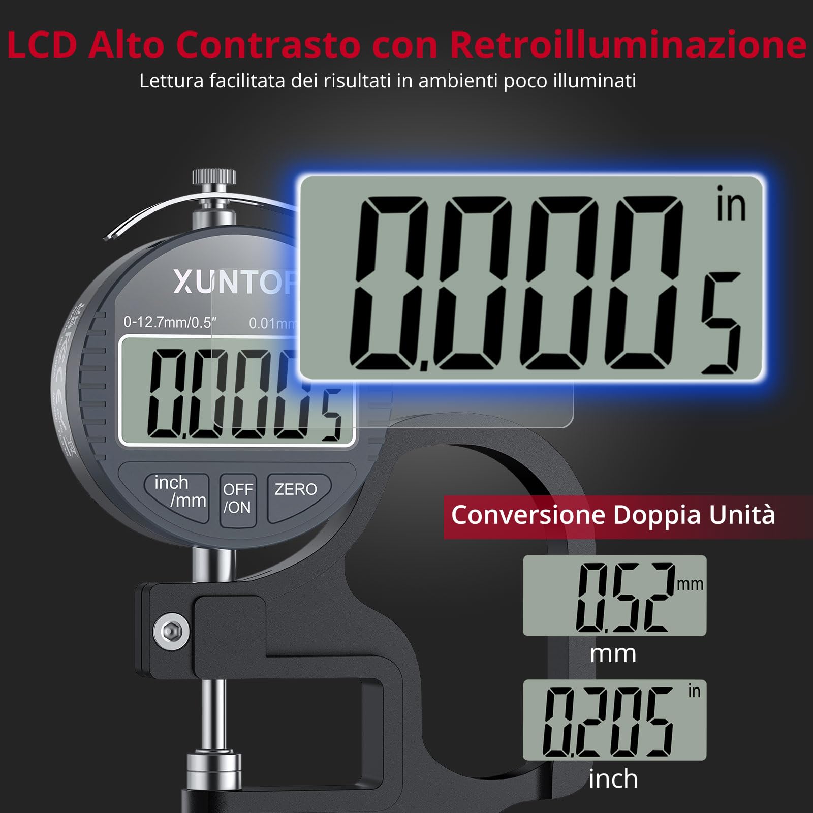 Spessimetro Digitale 0-12,7mm 0,01mm Display LCD Calibro Elettronico con Auto-Spegnimento