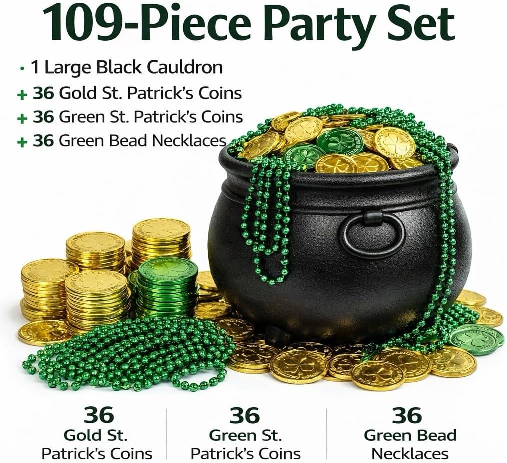 GiftExpress St. Patrick's Day Pot of Gold Set - 12" Black Cauldron Bucket with Handle, 72 Shamrock Coins (36 Gold + 36 Green) & 36 Green Bead Necklaces for Party Favors, Treasure Hunt