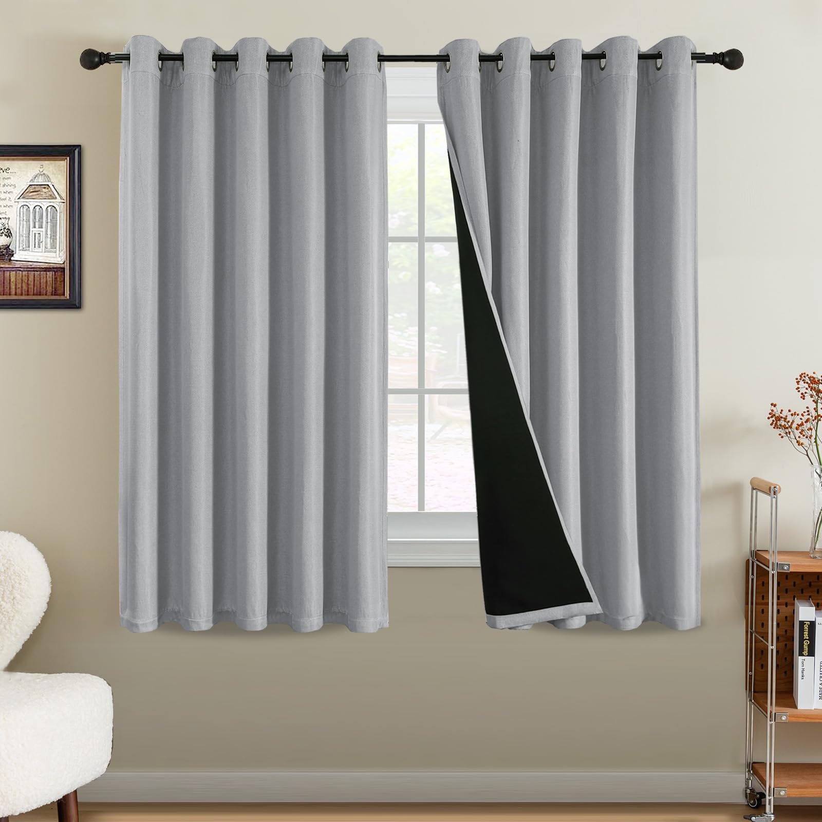 Bellahills Heather Grey 100% Blackout Curtains For Bedroom Thermal Faux Linen Curtain For Living Room Burlap Textured Eyelet Curtains & Drapes, 2 Panels, 66 X 54 Inch,
