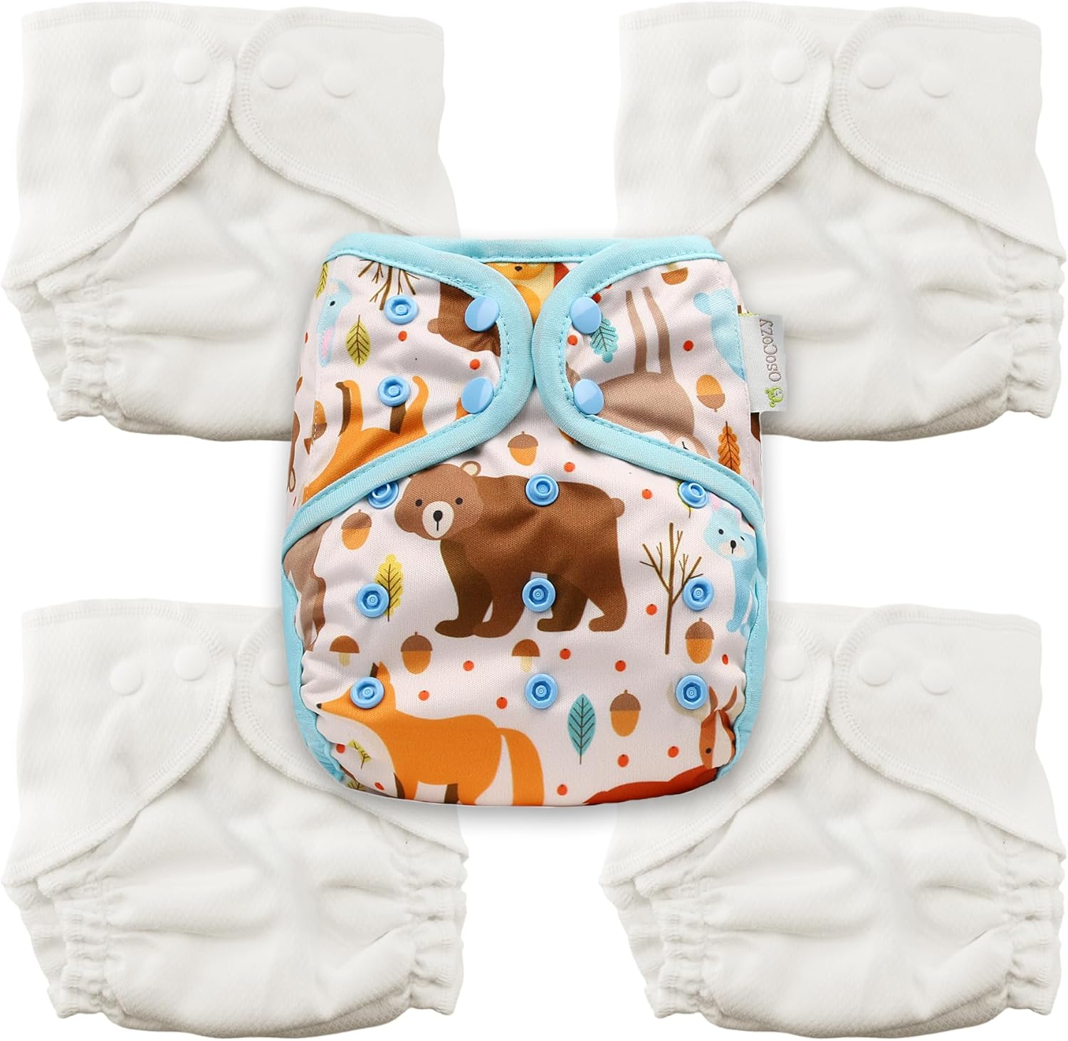 4 Size 1 Cozy Cubs Birdseye Fitted Diapers + OsoCozy One Size Diaper Cover Bundle (Forest) | 100% Cotton Reusable Cloth Diaper Set | Waterproof PUL Cover with Double Gussets