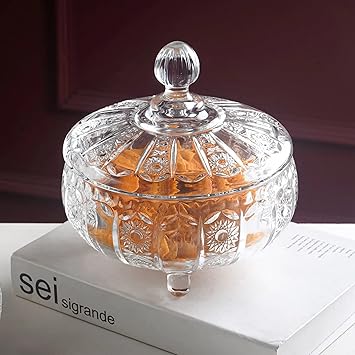 WRINGO premium Glass Candy Dish with Lid, Crystal Candy Jar, Cookie Jar, Decorative Candy Bowl, Jewelry Dish, Covered Candy Jars for Buffet, Kitchen, Home, Office Desk (Wave -01)